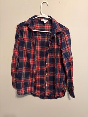 Old Navy Men's Red and Navy Plaid Button-Down Shirt